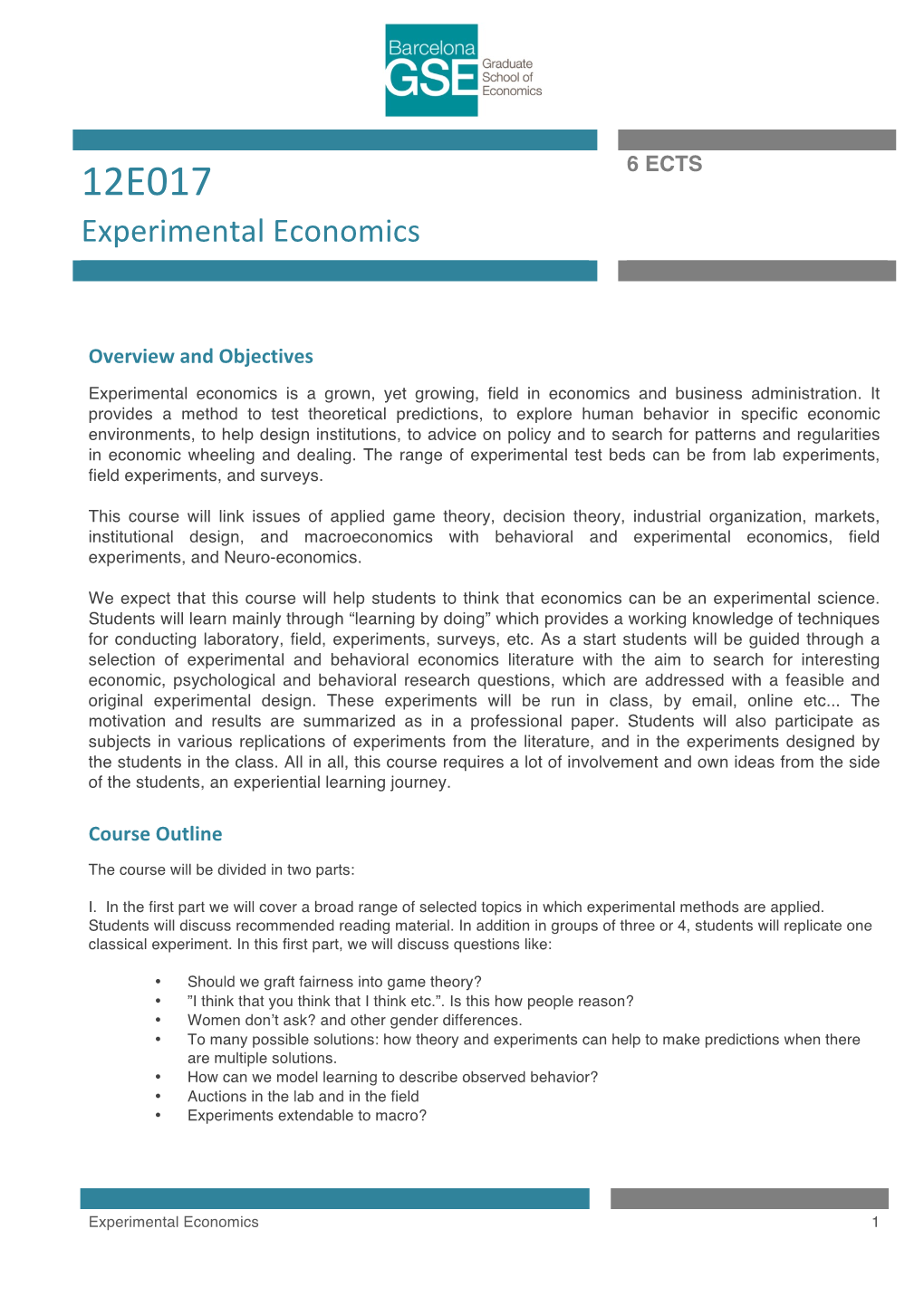 12E017 Experimental Economics