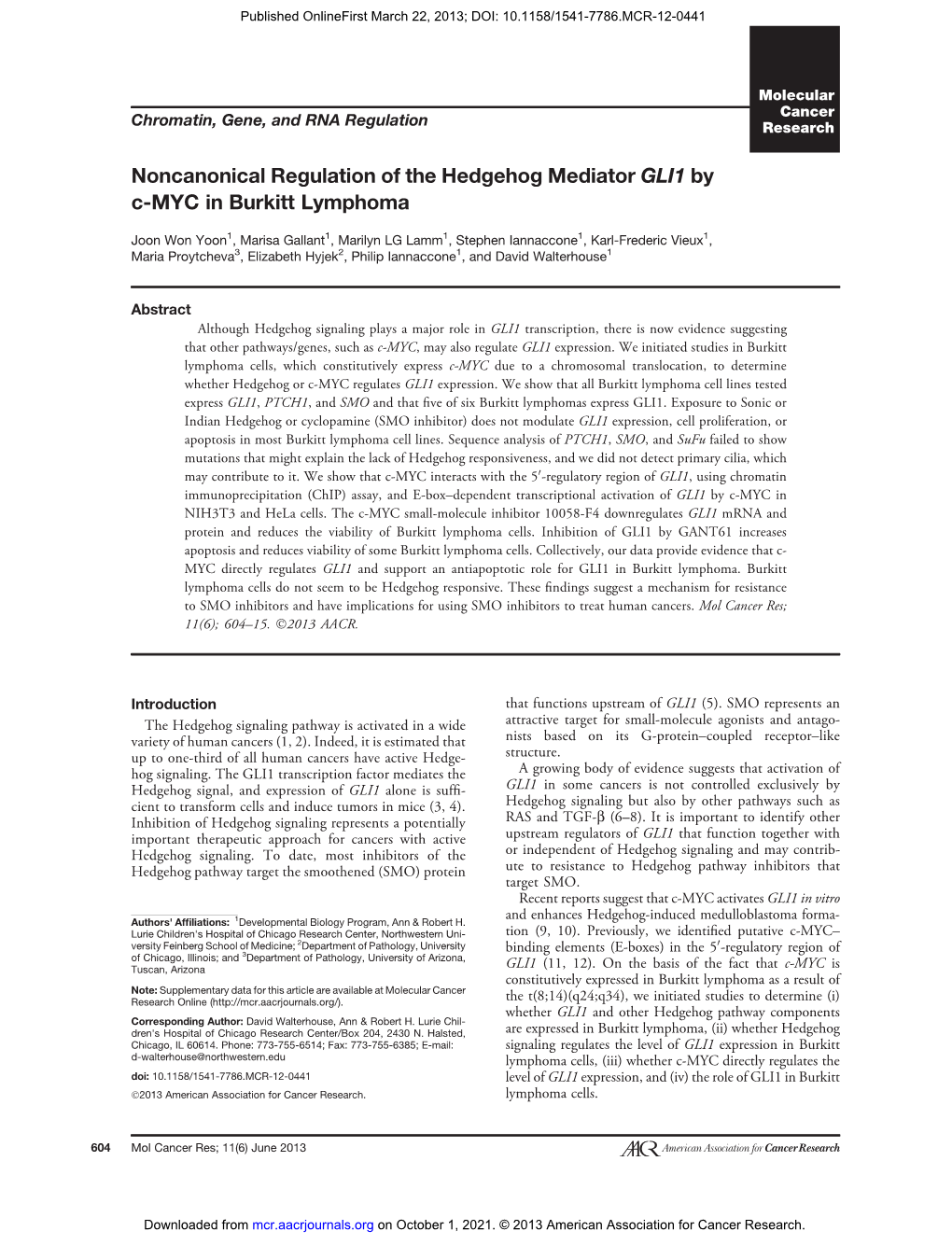Noncanonical Regulation of the Hedgehog Mediator GLI1 by C-MYC in Burkitt Lymphoma