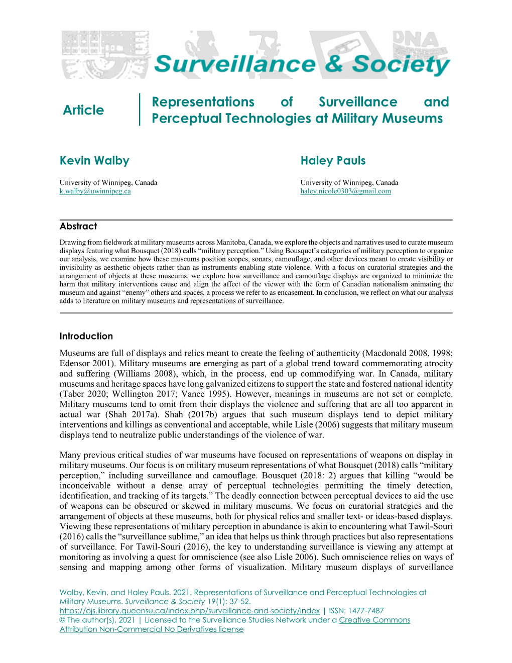 Article Representations of Surveillance and Perceptual Technologies at Military Museums