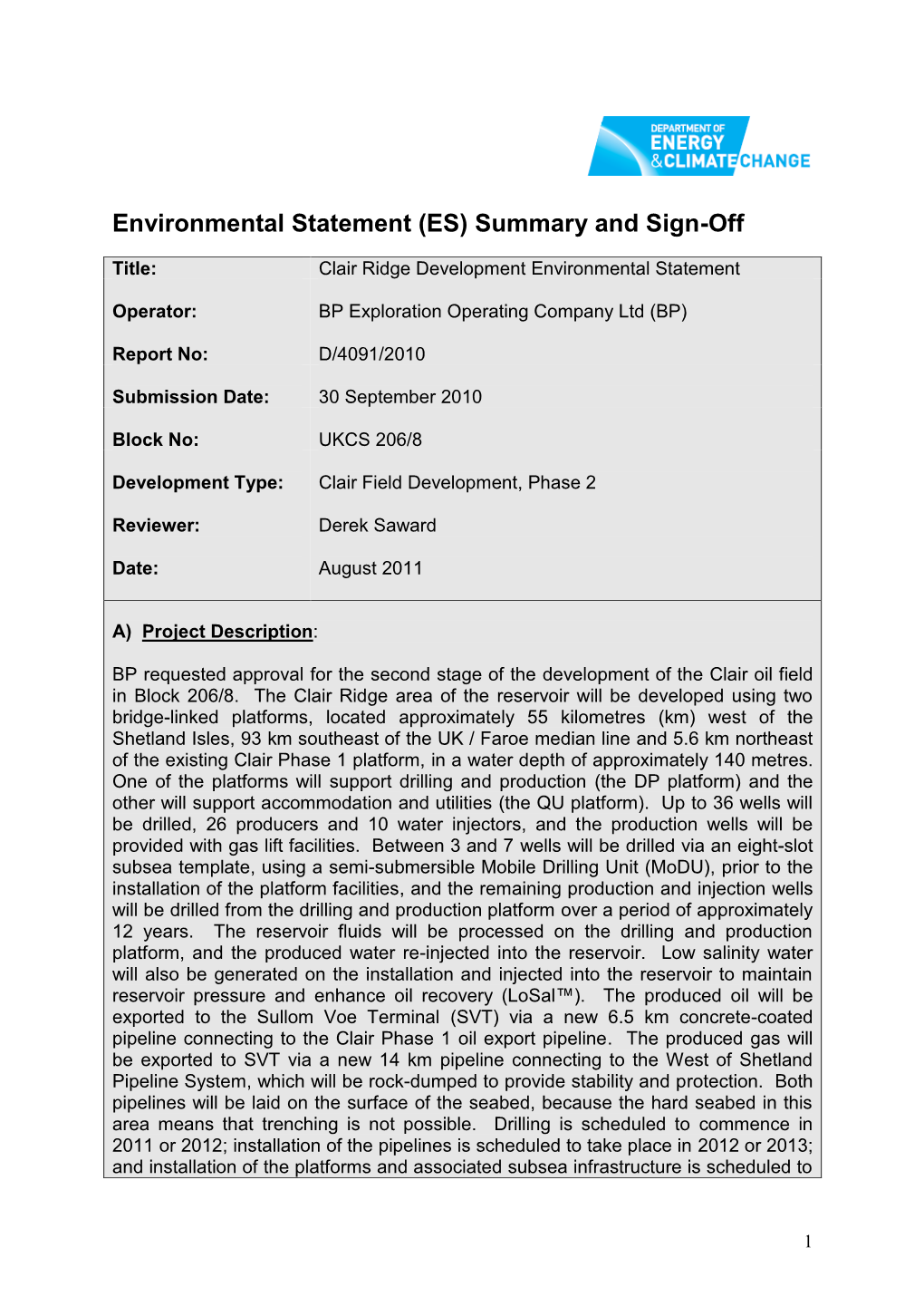 Environmental Statement (ES) Summary and Sign-Off