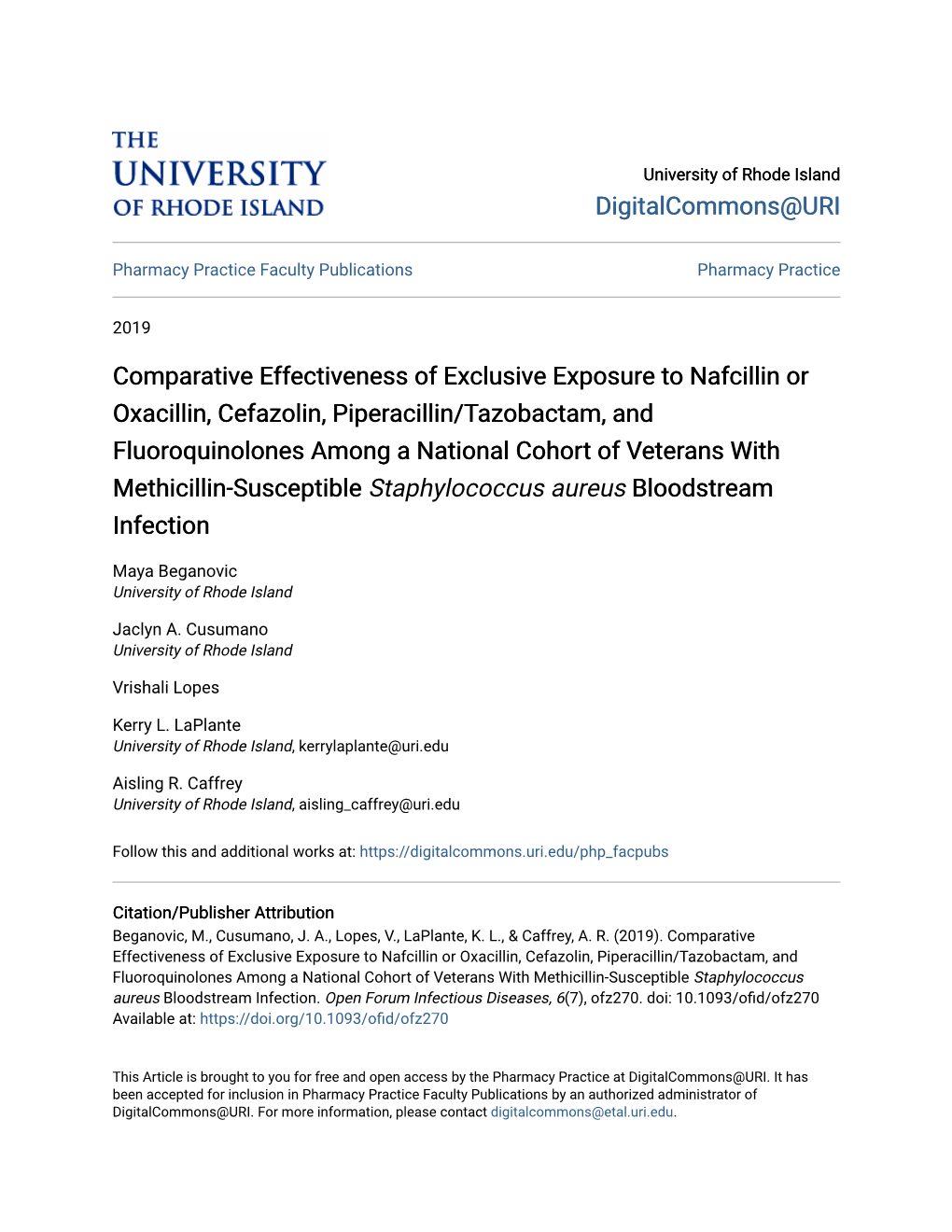 Comparative Effectiveness of Exclusive Exposure to Nafcillin Or