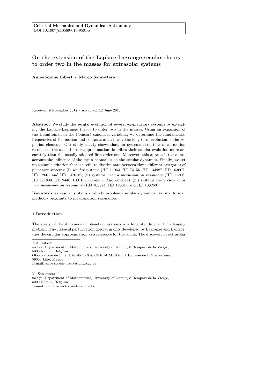 On the Extension of the Laplace-Lagrange Secular Theory to Order Two in the Masses for Extrasolar Systems