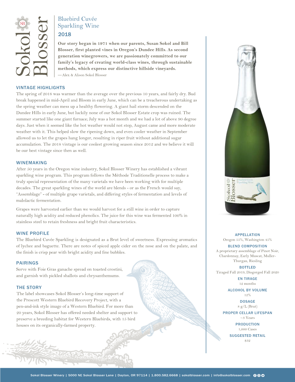 Bluebird Cuvée Sparkling Wine 2018 Our Story Began in 1971 When Our Parents, Susan Sokol and Bill Blosser, First Planted Vines in Oregon’S Dundee Hills