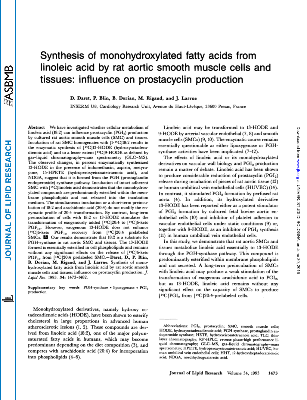Synthesis of Monohydroxylated Fatty Acids from Linoleic Acid by Rat Aortic Smooth Muscle Cells and Tissues: Influence on Prostacyclin Production