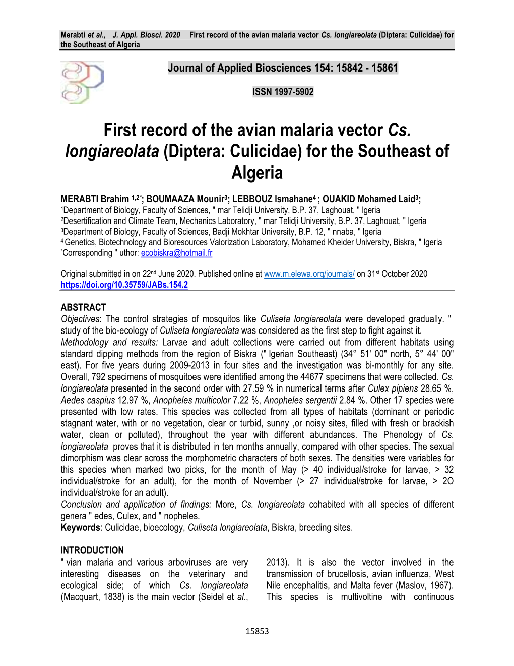 First Record of the Avian Malaria Vector Cs. Longiareolata (Diptera: Culicidae) for the Southeast of Algeria
