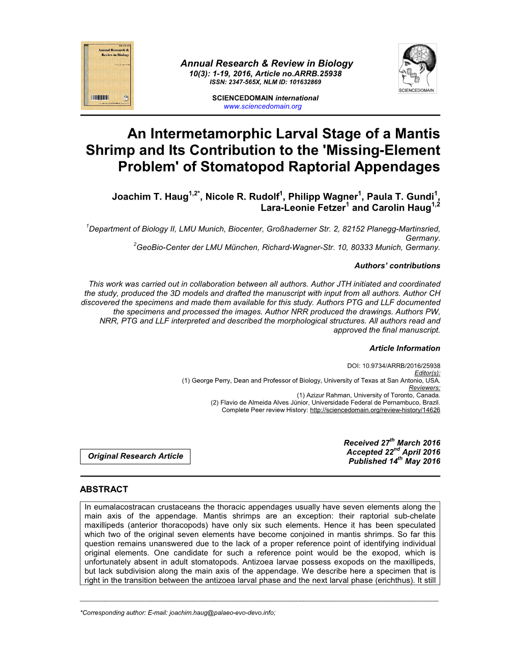 An Intermetamorphic Larval Stage of a Mantis Shrimp and Its Contribution to the 'Missing-Element Problem' of Stomatopod Raptorial Appendages