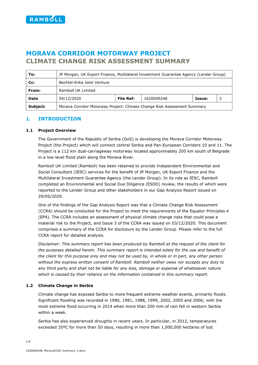 Morava Corridor Motorway Project Climate Change Risk Assessment Summary