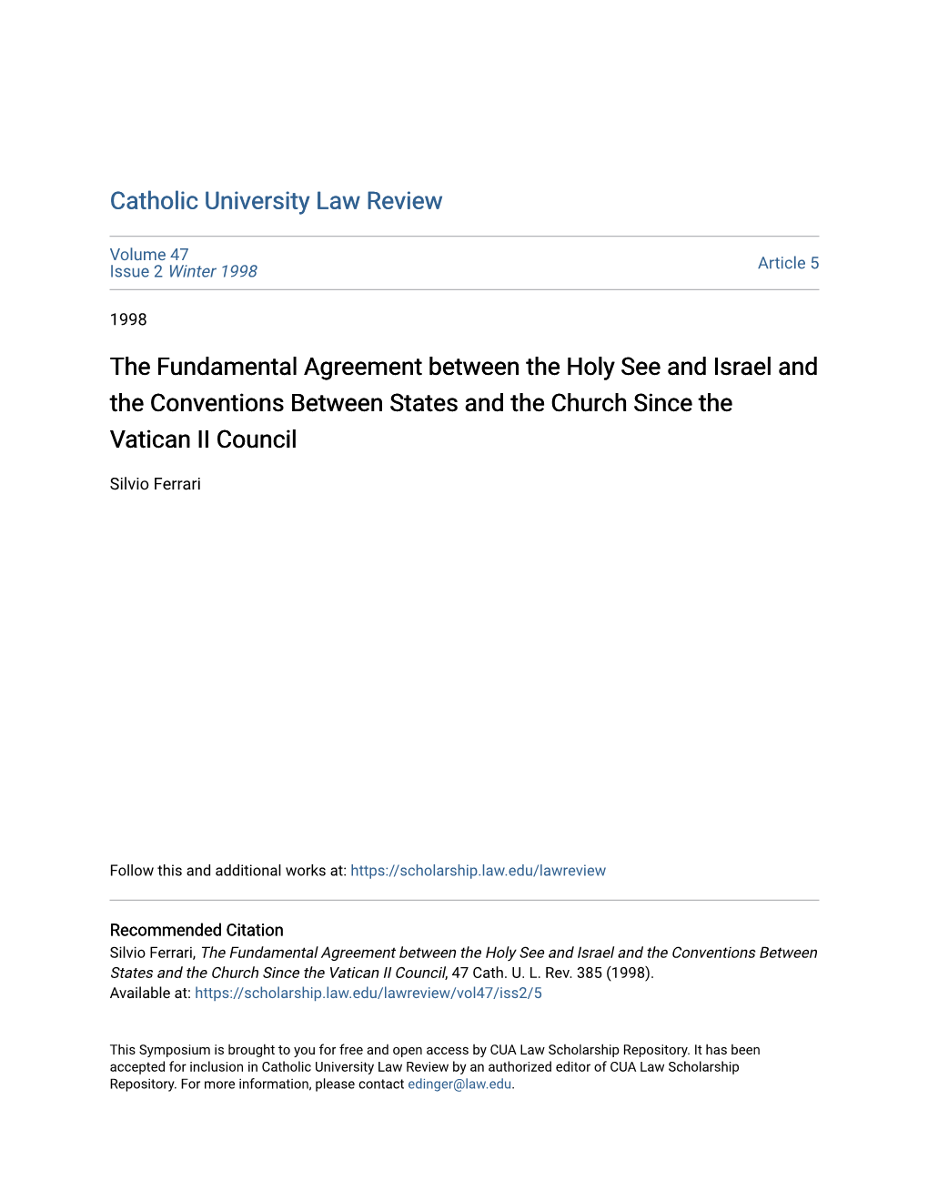 The Fundamental Agreement Between the Holy See and Israel and the Conventions Between States and the Church Since the Vatican II Council