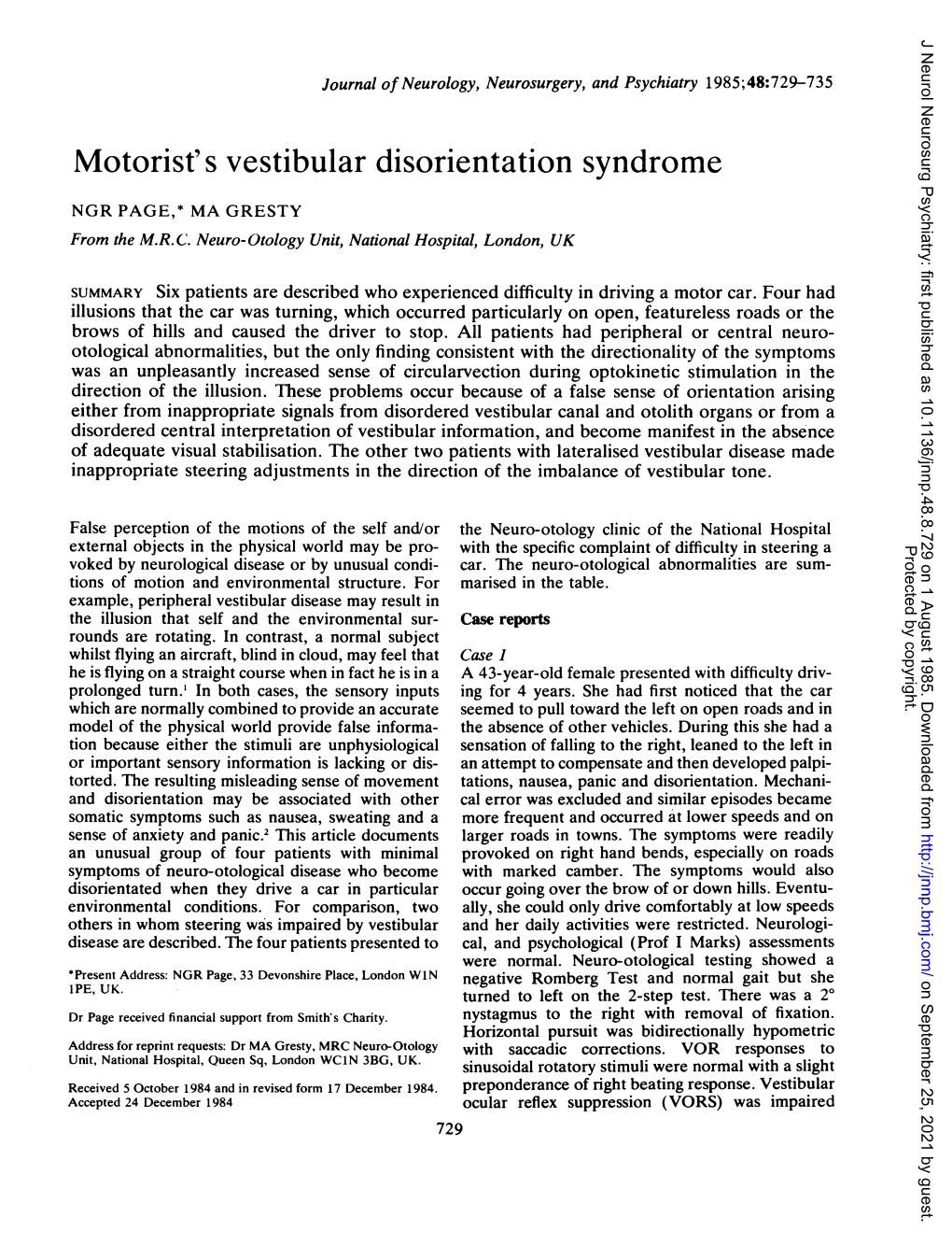 Motorist's Vestibular Disorientation Syndrome