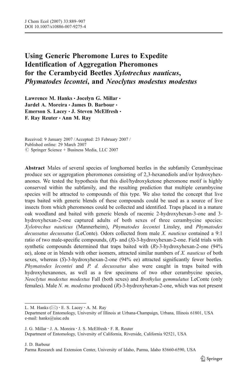 Using Generic Pheromone Lures to Expedite Identification Of