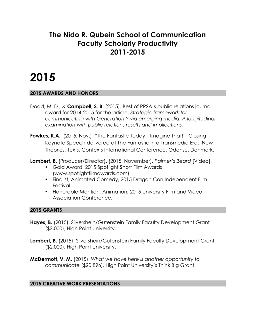 The Nido R. Qubein School of Communication Faculty Scholarly Productivity 2011-2015