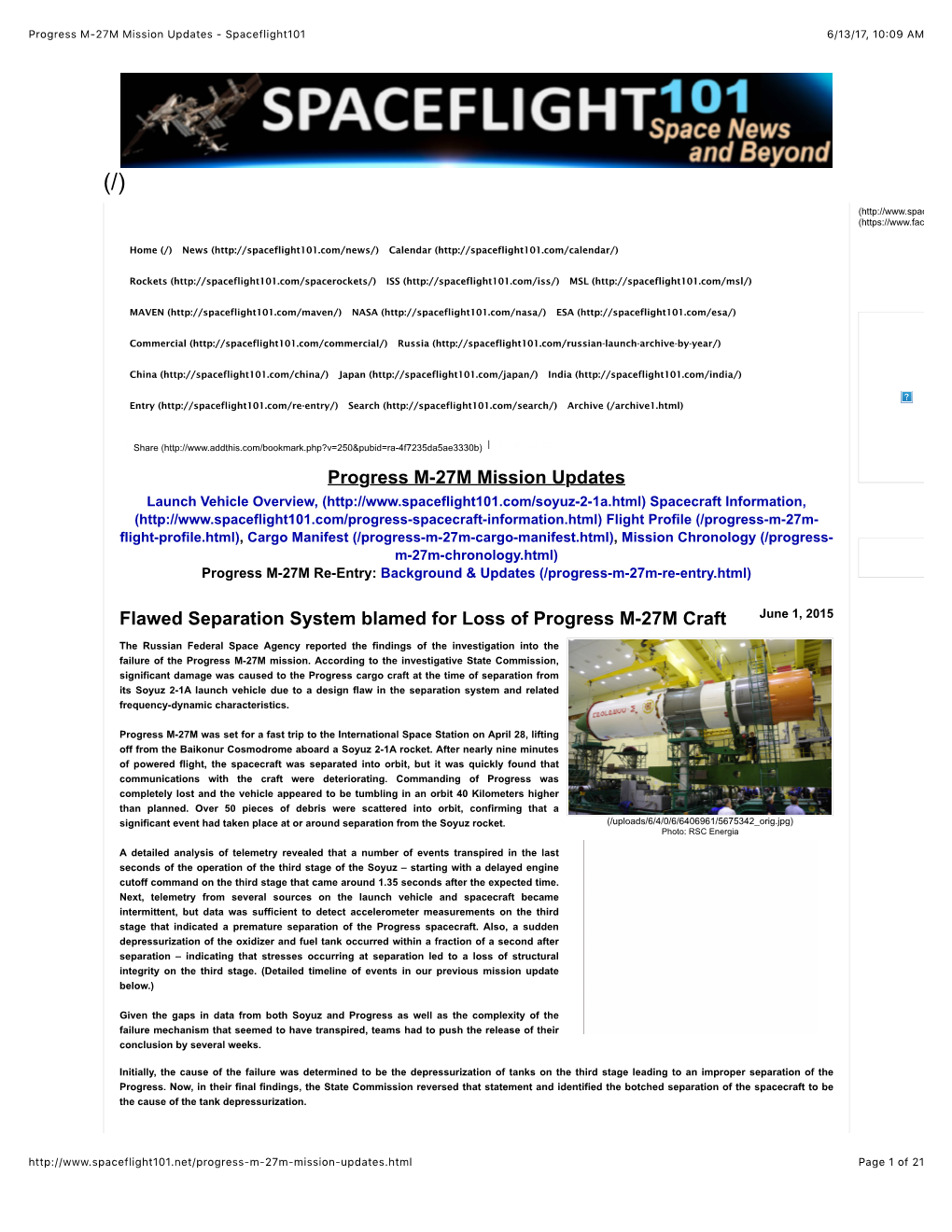 Progress M-27M Mission Updates - Spaceflight101 6/13/17, 10:09 AM