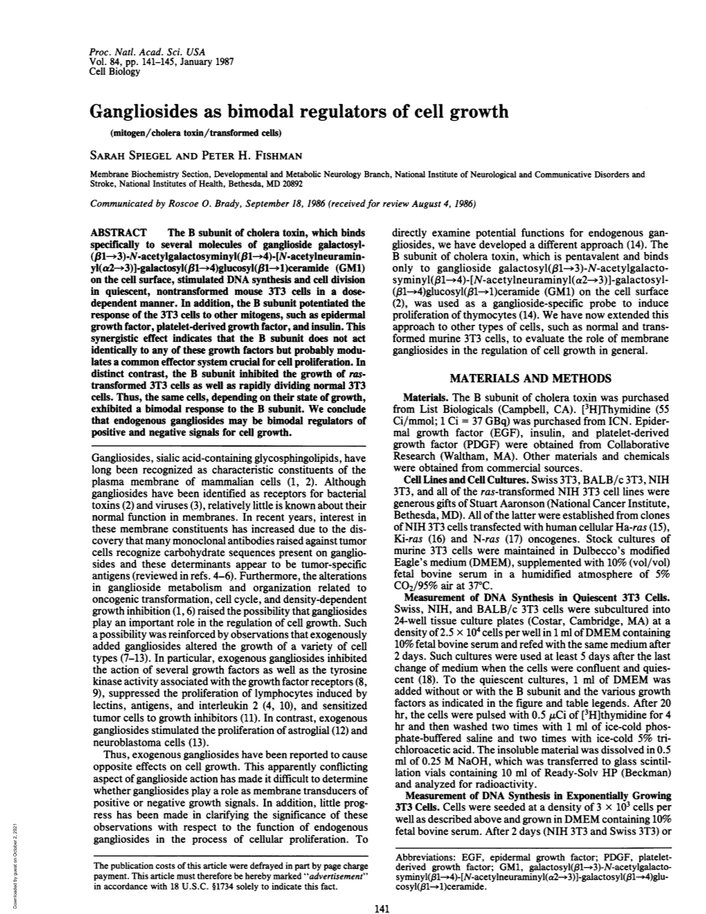 Gangliosides As Bimodal Regulators of Cell Growth (Mitogen/Cholera Toxin/Transformed Cells) SARAH SPIEGEL and PETER H