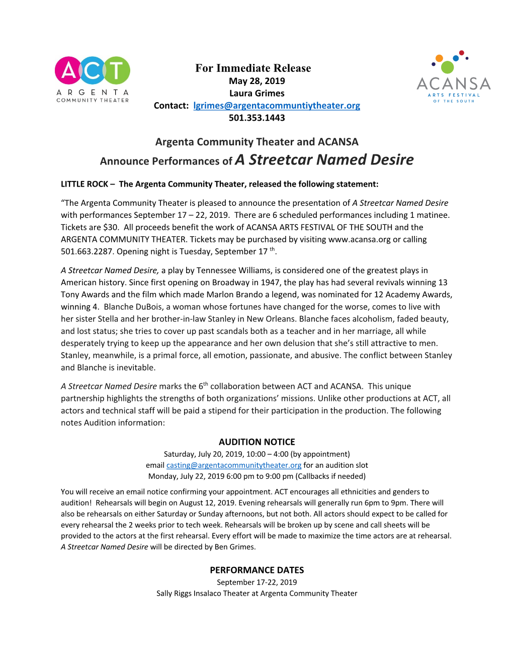 For Immediate Release Argenta Community Theater and ACANSA