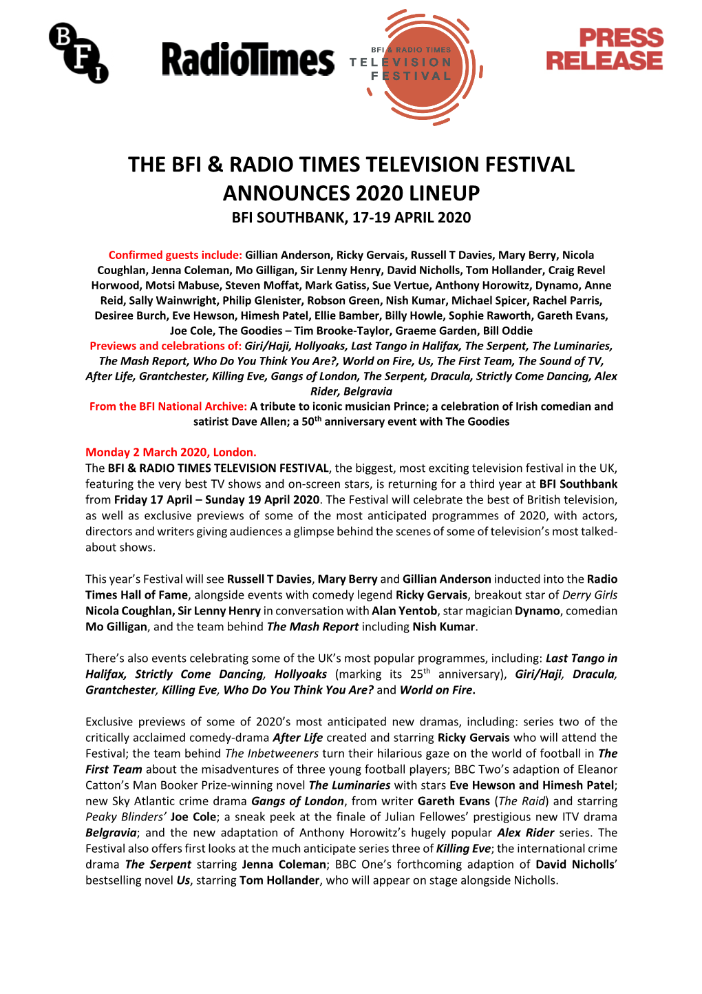 The Bfi & Radio Times Television Festival Announces 2020