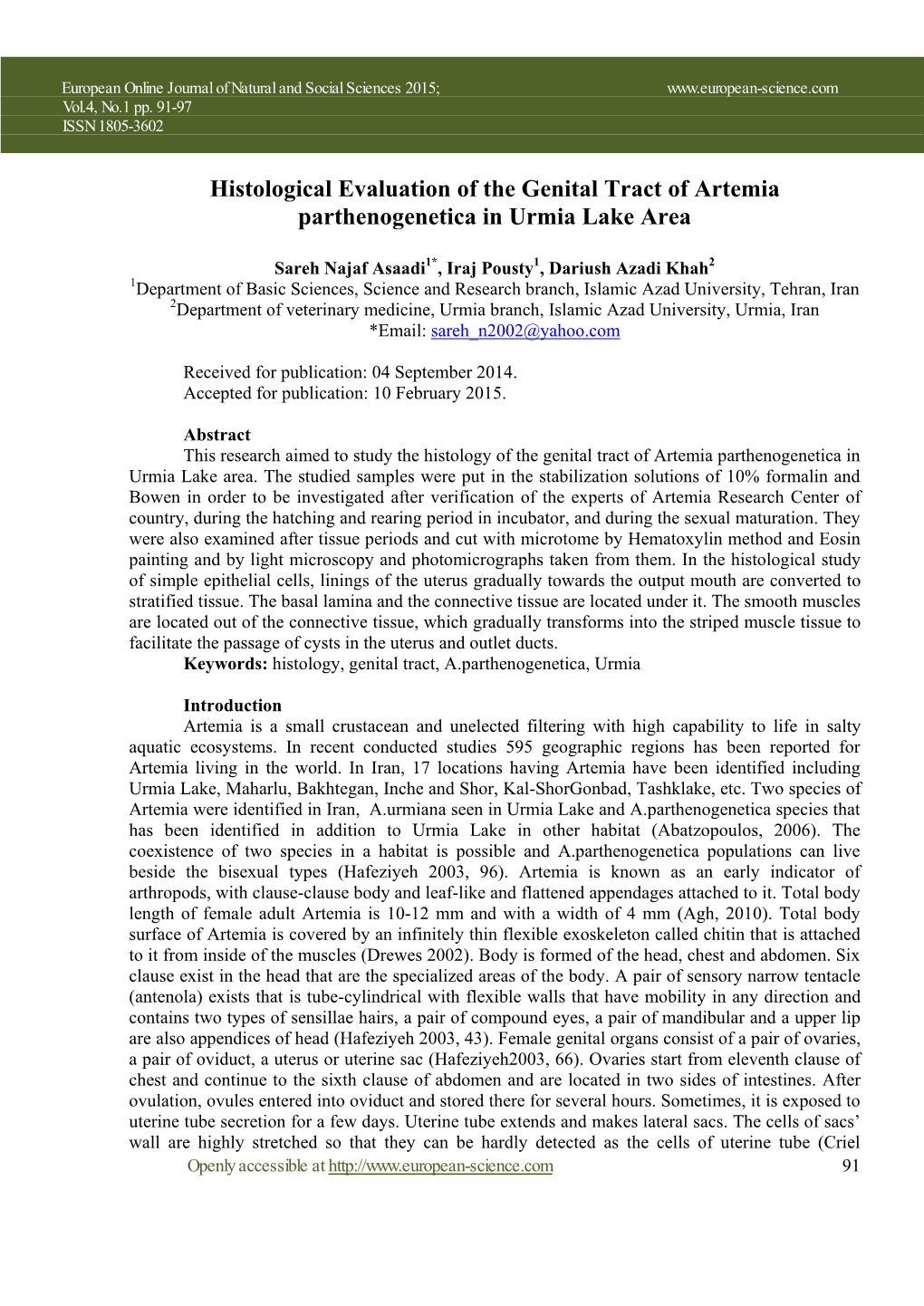 Histological Evaluation of the Genital Tract of Artemia Parthenogenetica in Urmia Lake Area