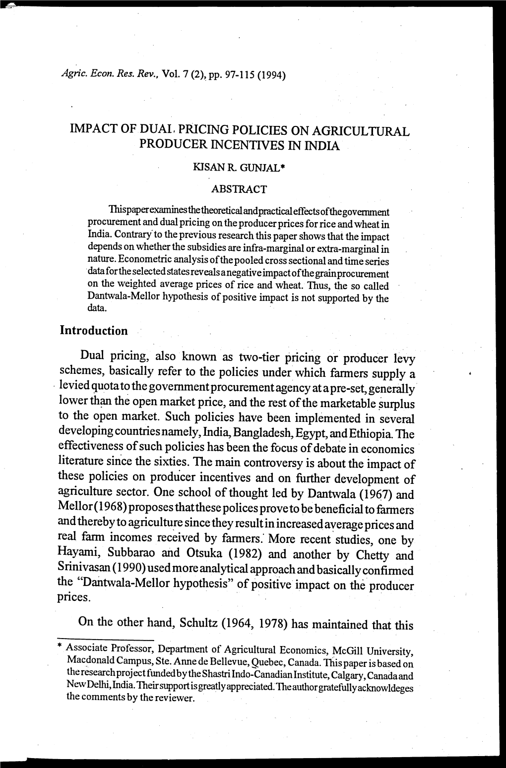 Impact of Dual Pricing Policies on Agricultural Producer Incentives in India