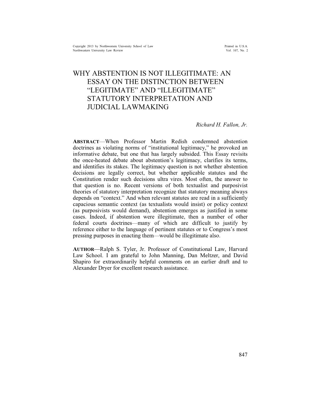 Why Abstention Is Not Illegitimate: an Essay on the Distinction Between “Legitimate” and “Illegitimate” Statutory Interpretation and Judicial Lawmaking