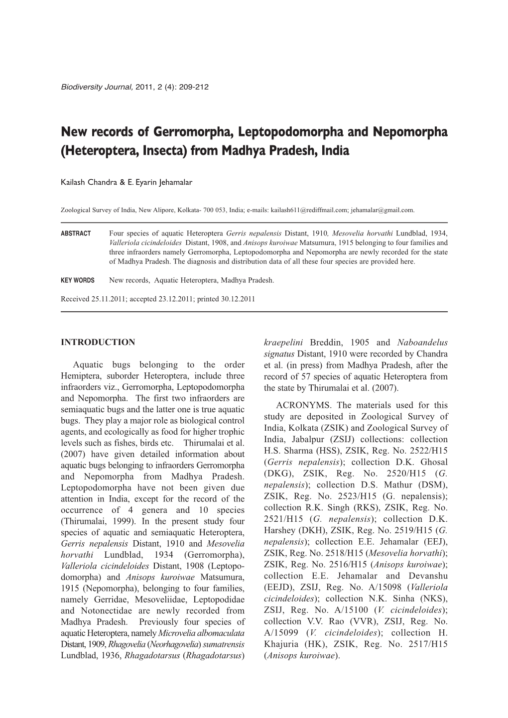 New Records of Gerromorpha, Leptopodomorpha and Nepomorpha (Heteroptera, Insecta) from Madhya Pradesh, India