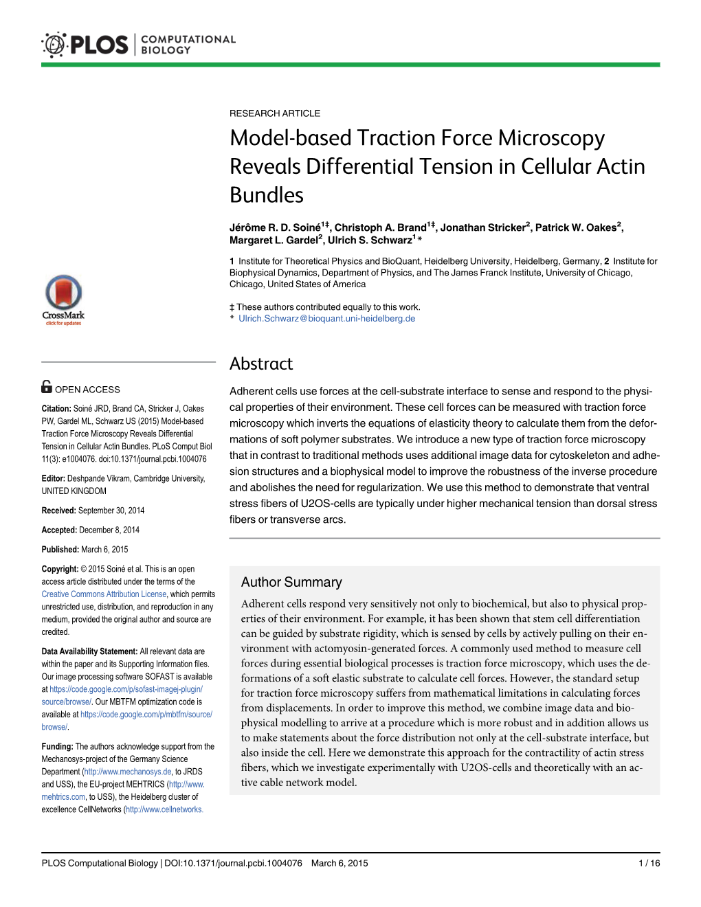 Model-Based Traction Force Microscopy Reveals Differential Tension in Cellular Actin Bundles