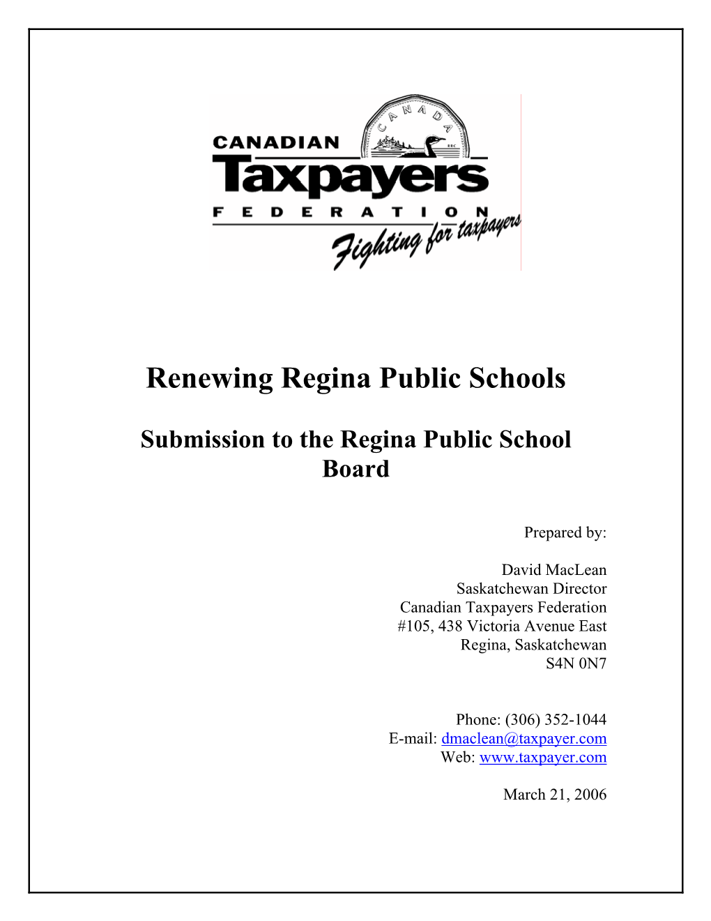 Submission to the Regina Public School Board