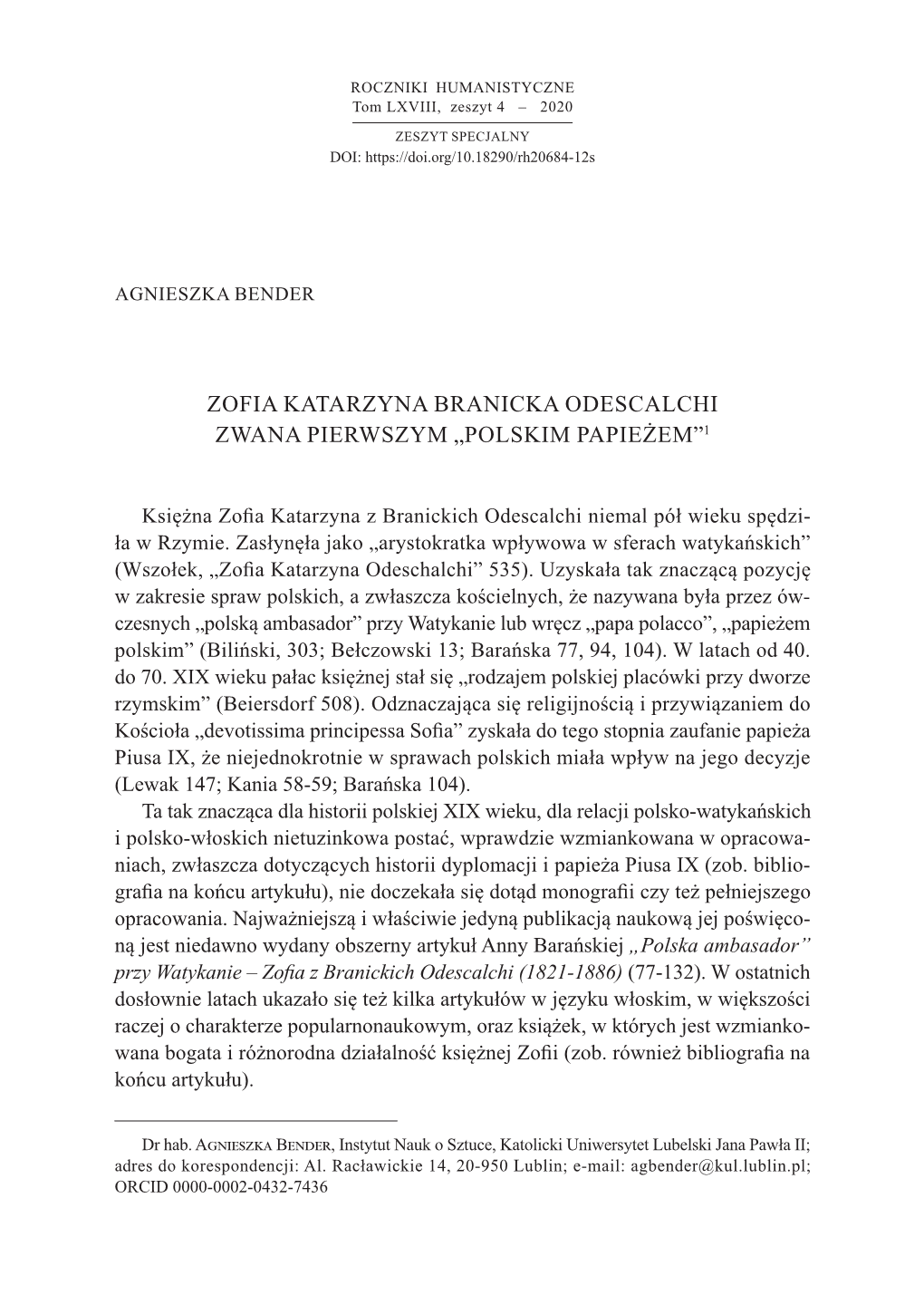 Zofia Katarzyna Branicka Odescalchi Zwana Pierwszym „Polskim Papieżem”1