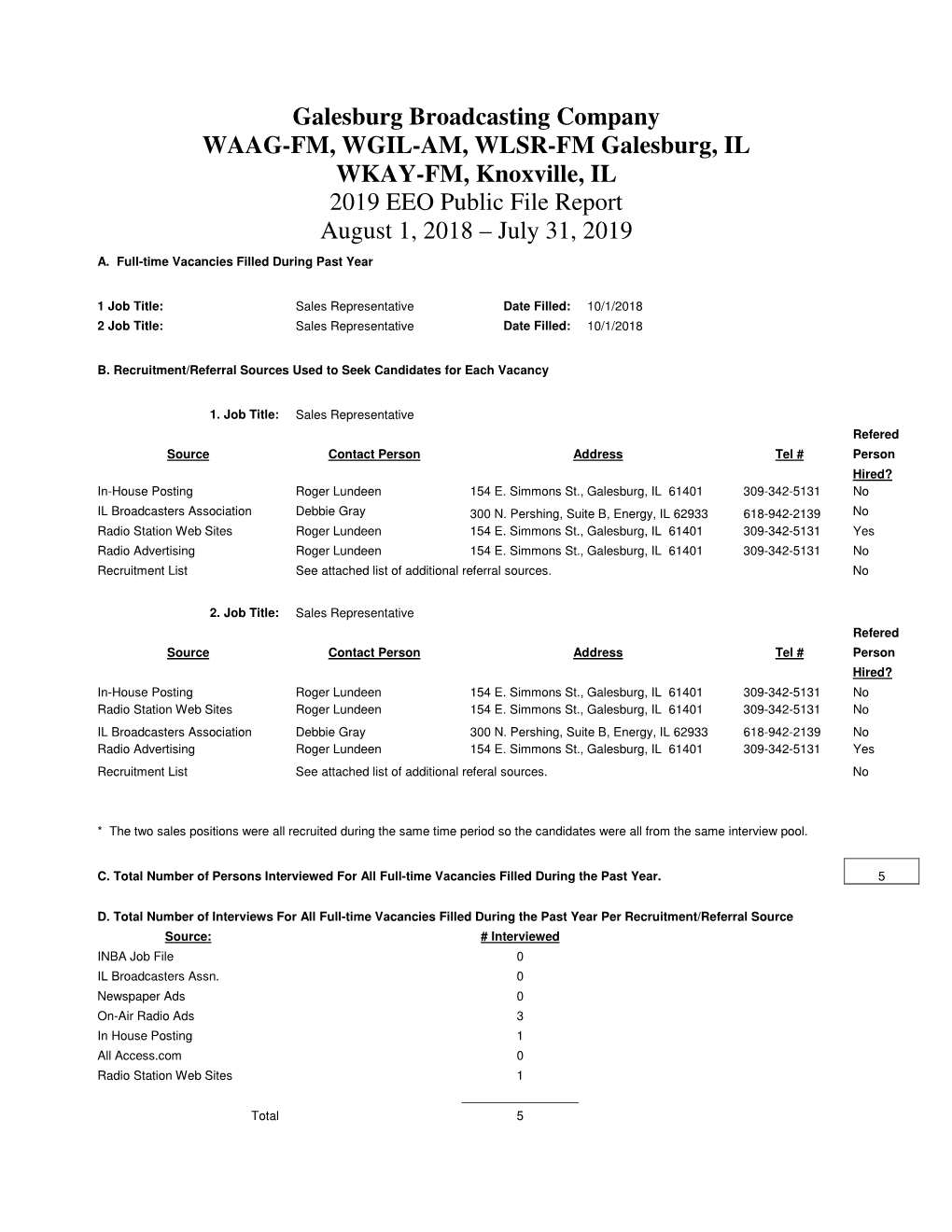 Galesburg Broadcasting Company WAAG-FM, WGIL-AM, WLSR-FM Galesburg, IL WKAY-FM, Knoxville, IL 2019 EEO Public File Report August 1, 2018 – July 31, 2019 A
