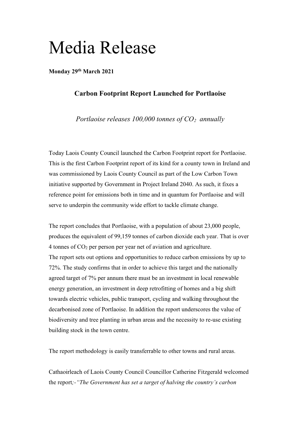 Media Release Portlaoise Carbon Footprint Report 29-03-2021