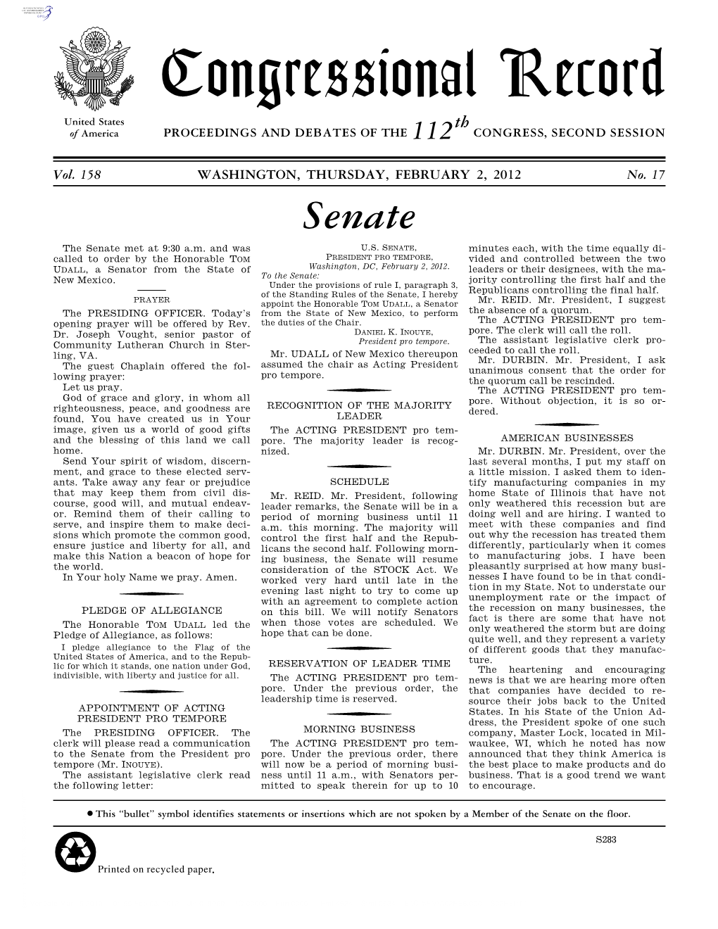 Congressional Record United States Th of America PROCEEDINGS and DEBATES of the 112 CONGRESS, SECOND SESSION