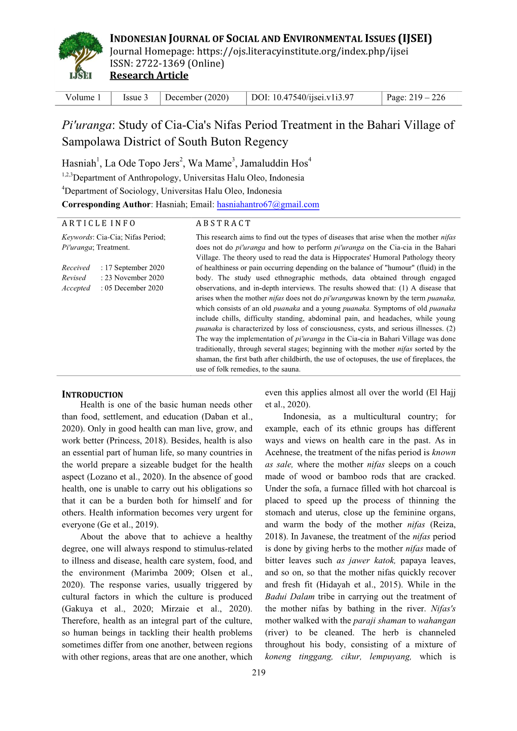 Pi'uranga: Study of Cia-Cia's Nifas Period Treatment in the Bahari