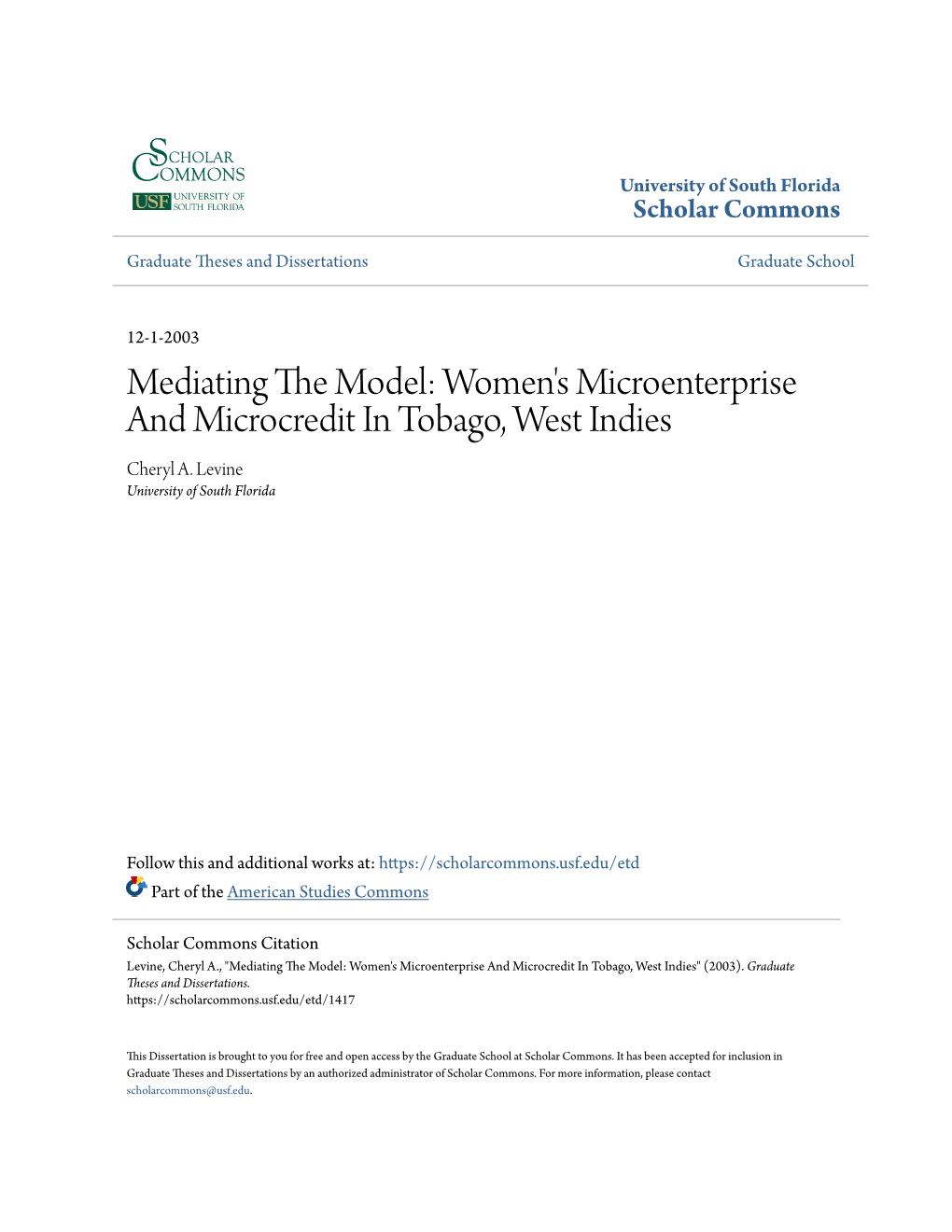 Women's Microenterprise and Microcredit in Tobago, West Indies Cheryl A