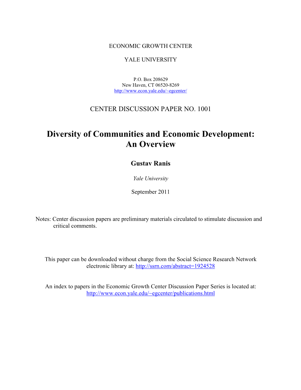 Diversity of Communities and Economic Development: an Overview