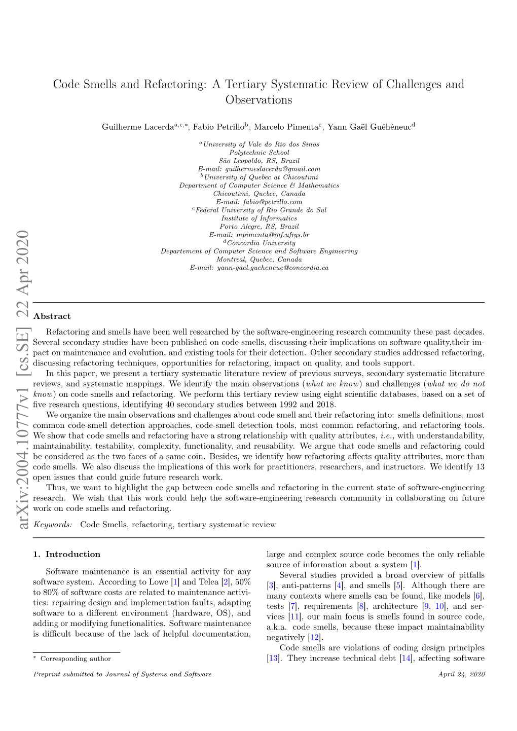 Arxiv:2004.10777V1 [Cs.SE] 22 Apr 2020 Code Smells, Refactoring, Tertiary Systematic Review