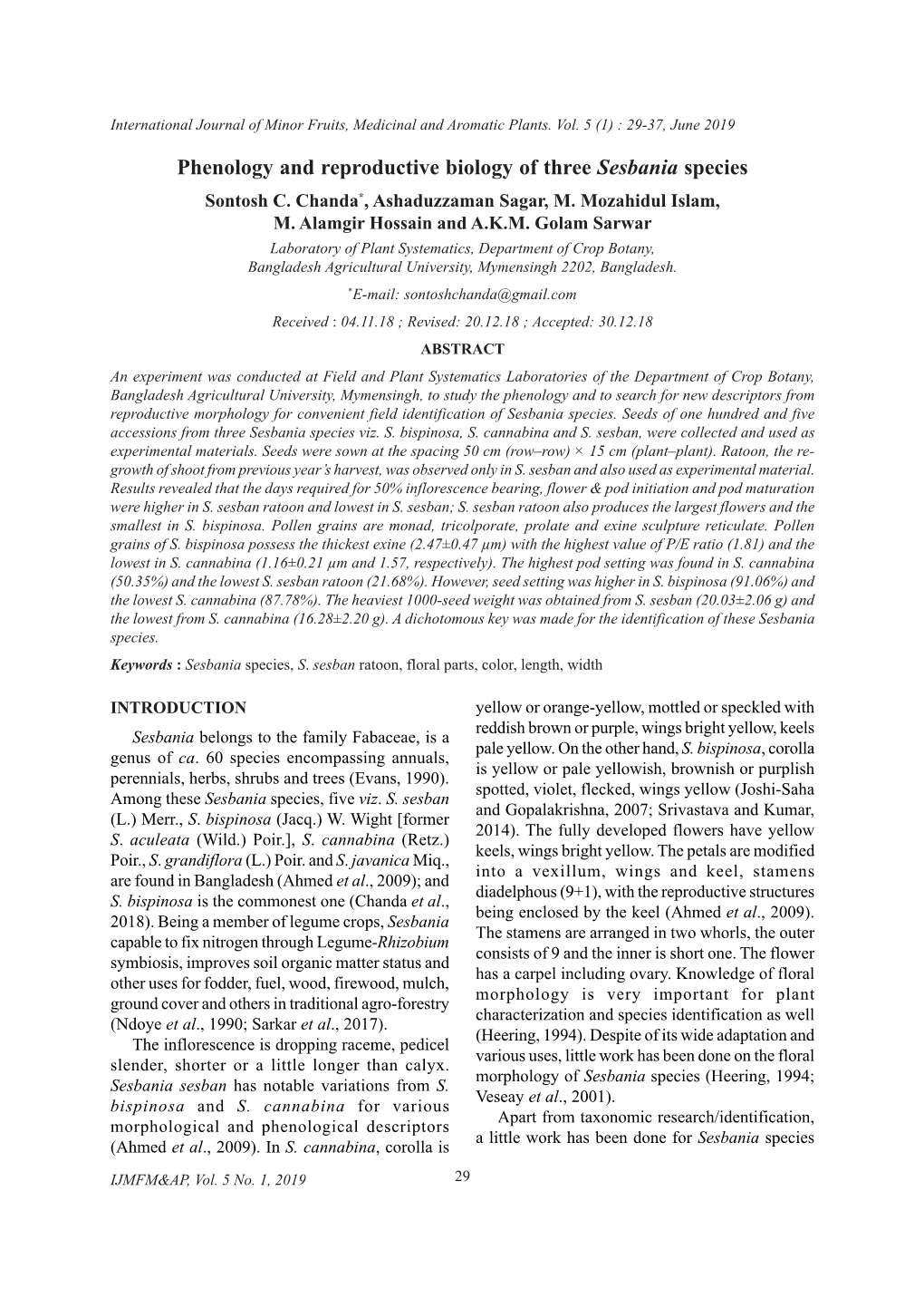 Phenology and Reproductive Biology of Three Sesbania Species Sontosh C