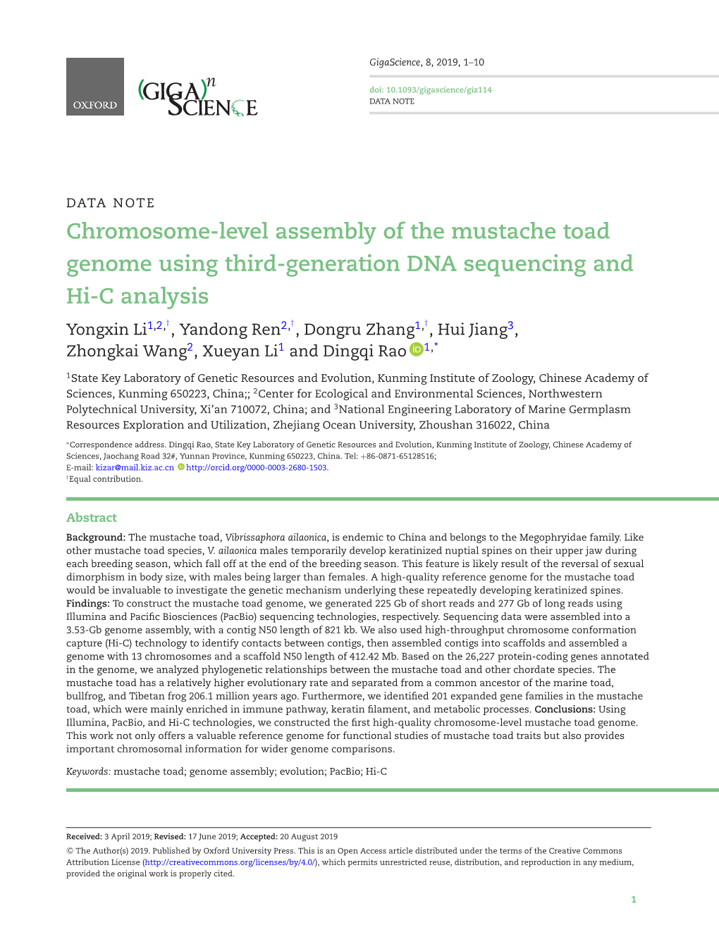 Chromosome-Level Assembly of the Mustache Toad Genome Using Third-Generation DNA Sequencing and Hi-C Analysis