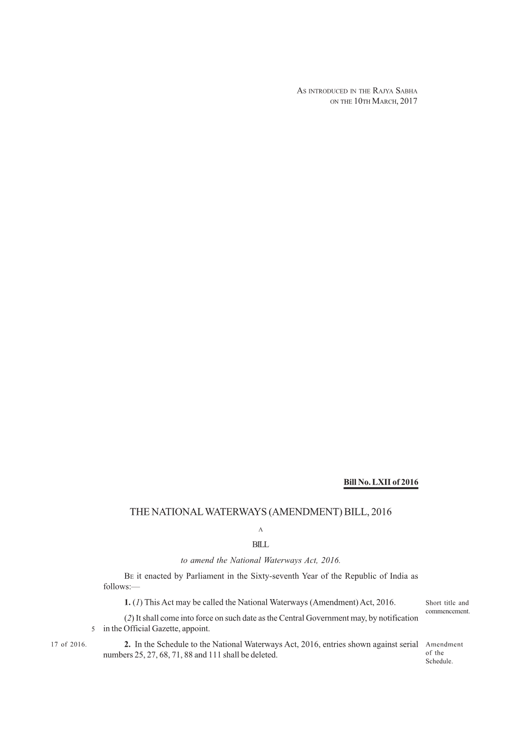 The National Waterways (Amendment) Bill, 2016