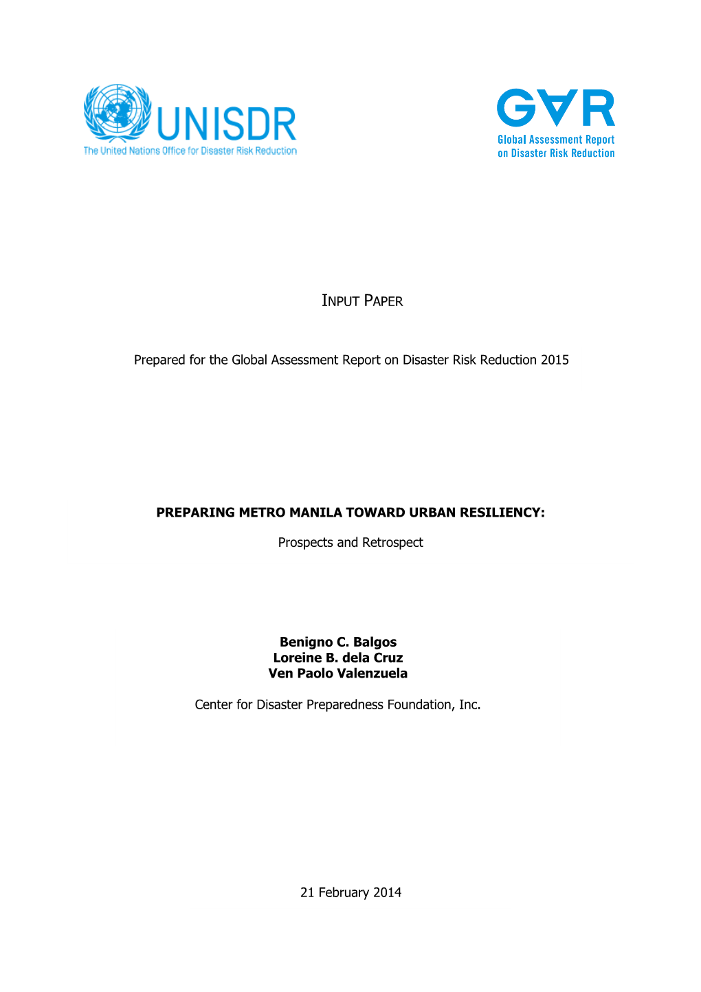 Balgos Et Al., 2014. Preparing Metro Manila Toward Urban Resiliency