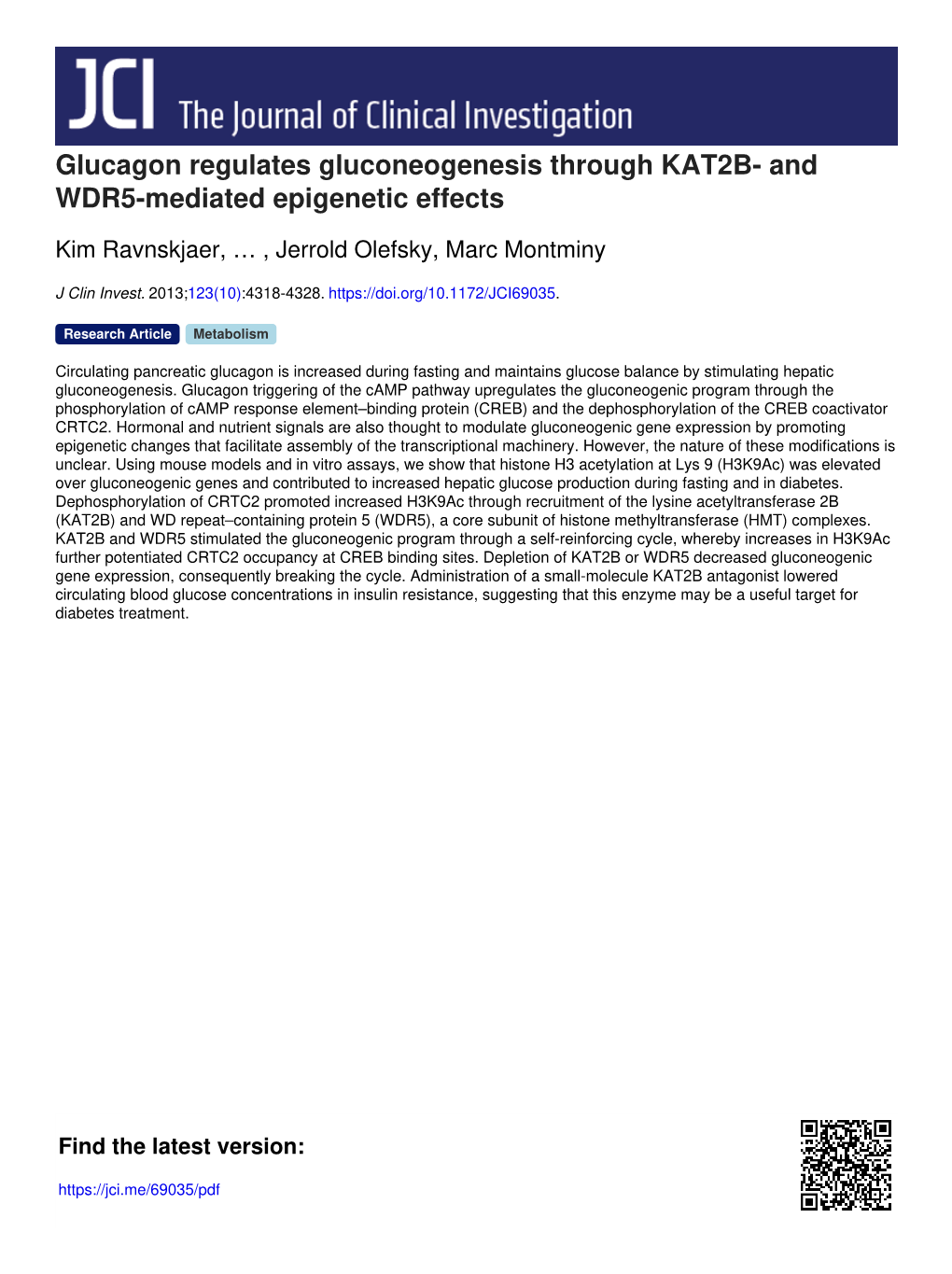 Glucagon Regulates Gluconeogenesis Through KAT2B- and WDR5-Mediated Epigenetic Effects