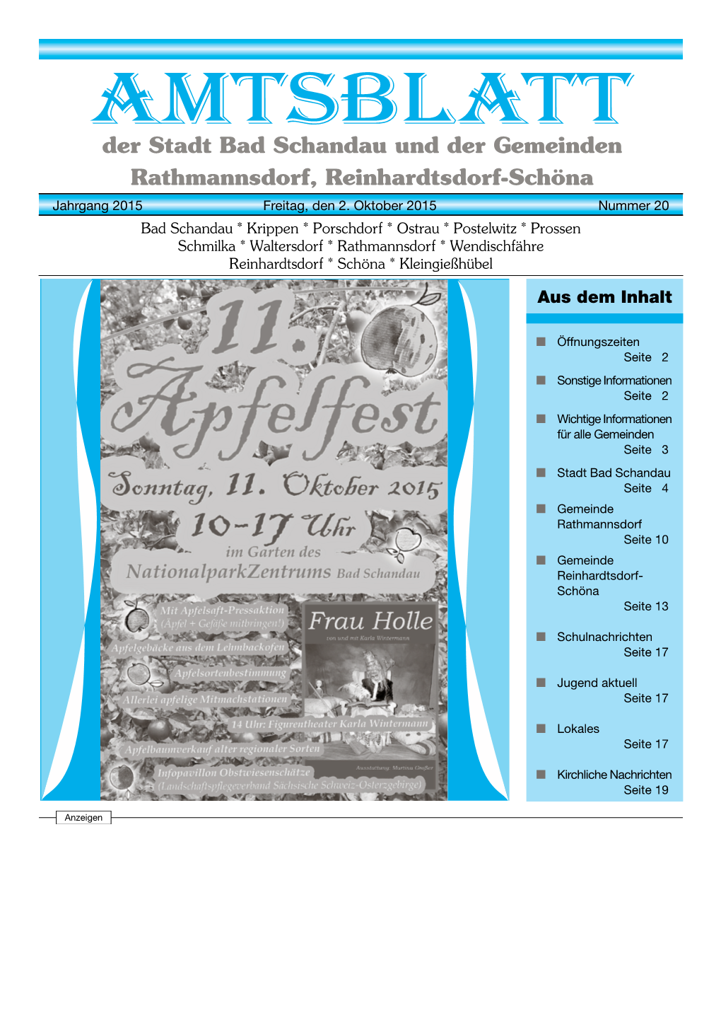 AMTSBLATT Der Stadt Bad Schandau Und Der Gemeinden Rathmannsdorf, Reinhardtsdorf-Schöna Jahrgang 2015 Freitag, Den 2