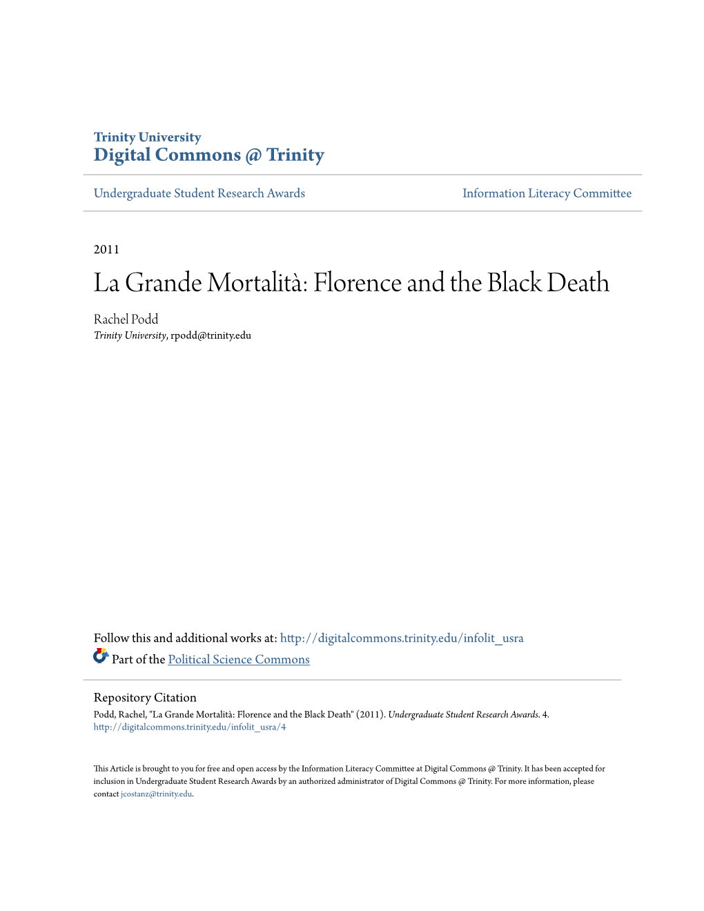 Florence and the Black Death Rachel Podd Trinity University, Rpodd@Trinity.Edu