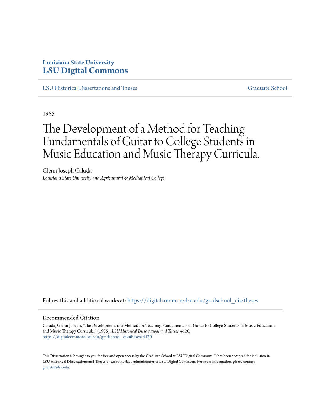 The Development of a Method for Teaching Fundamentals of Guitar to College Students in Music Education and Music Therapy Curricula