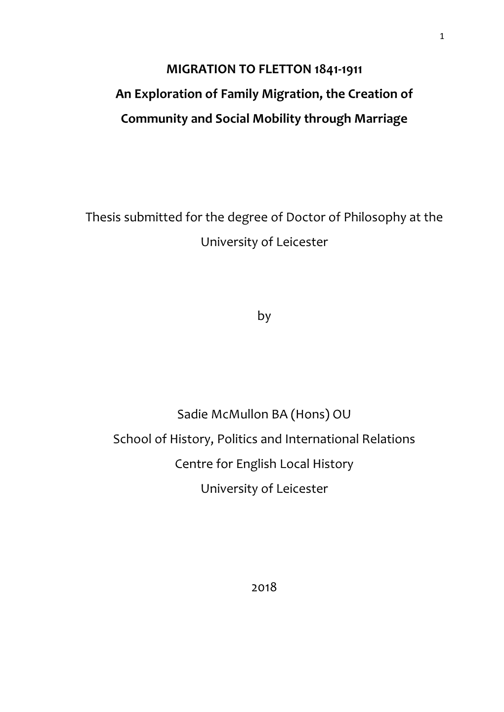 FLETTON 1841-1911 an Exploration of Family Migration, the Creation of Community and Social Mobility Through Marriage