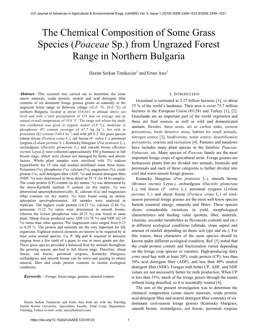 The Chemical Composition of Some Grass Species (Poaceae Sp.) from Ungrazed Forest Range in Northern Bulgaria