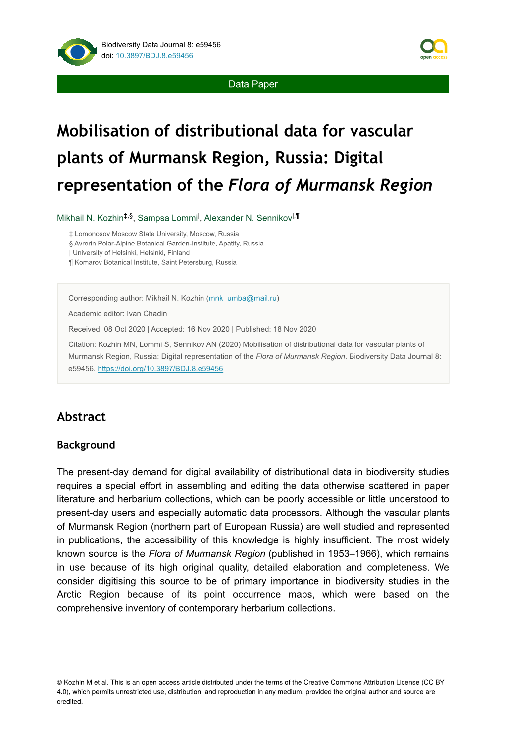 Mobilisation of Distributional Data for Vascular Plants of Murmansk Region, Russia: Digital Representation of the Flora of Murmansk Region