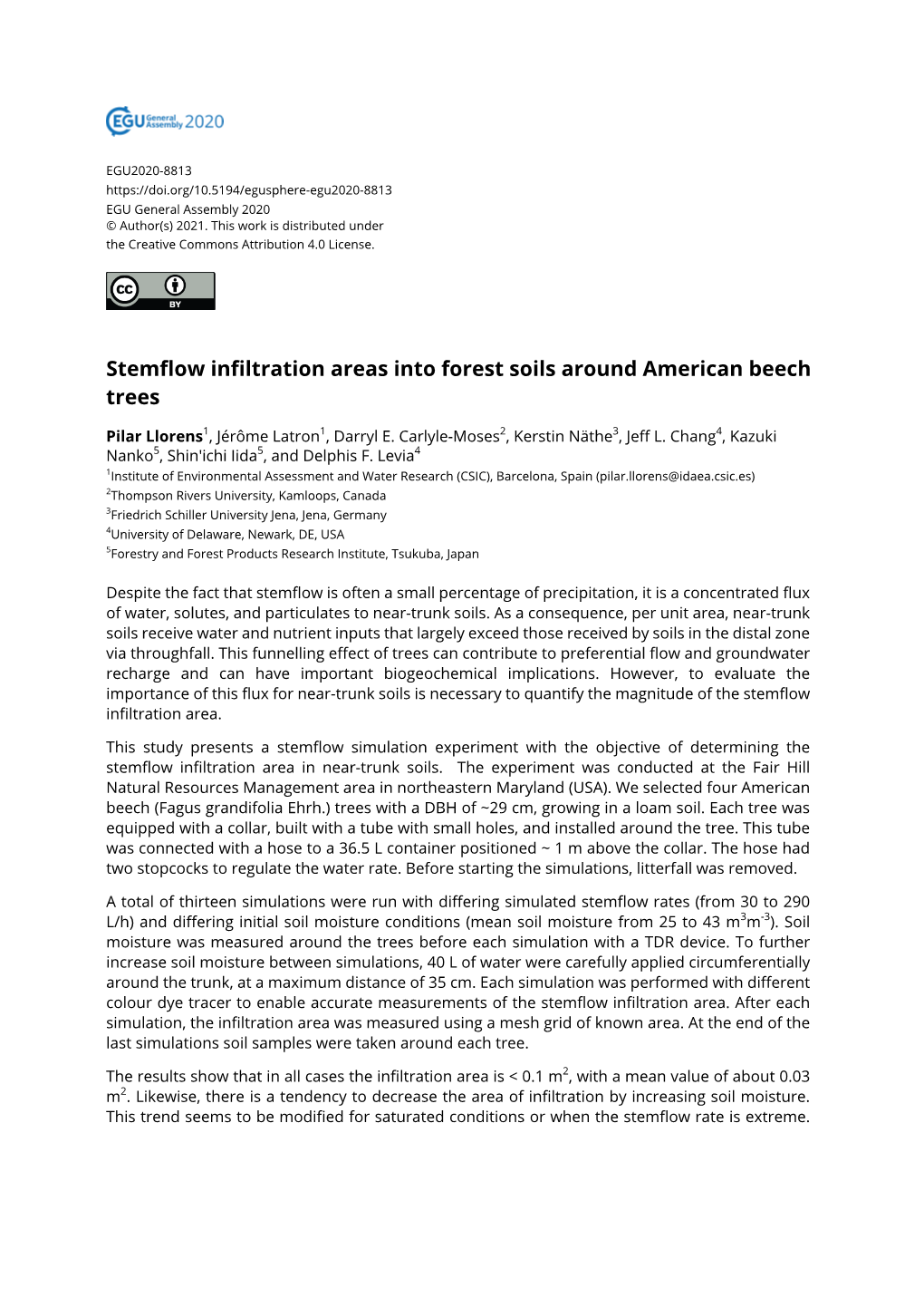 Stemflow Infiltration Areas Into Forest Soils Around American Beech Trees