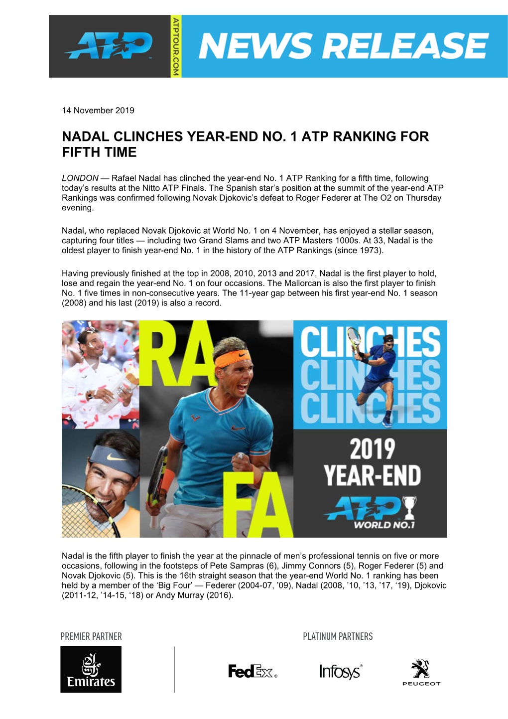 Nadal Clinches Year-End No. 1 Atp Ranking for Fifth Time