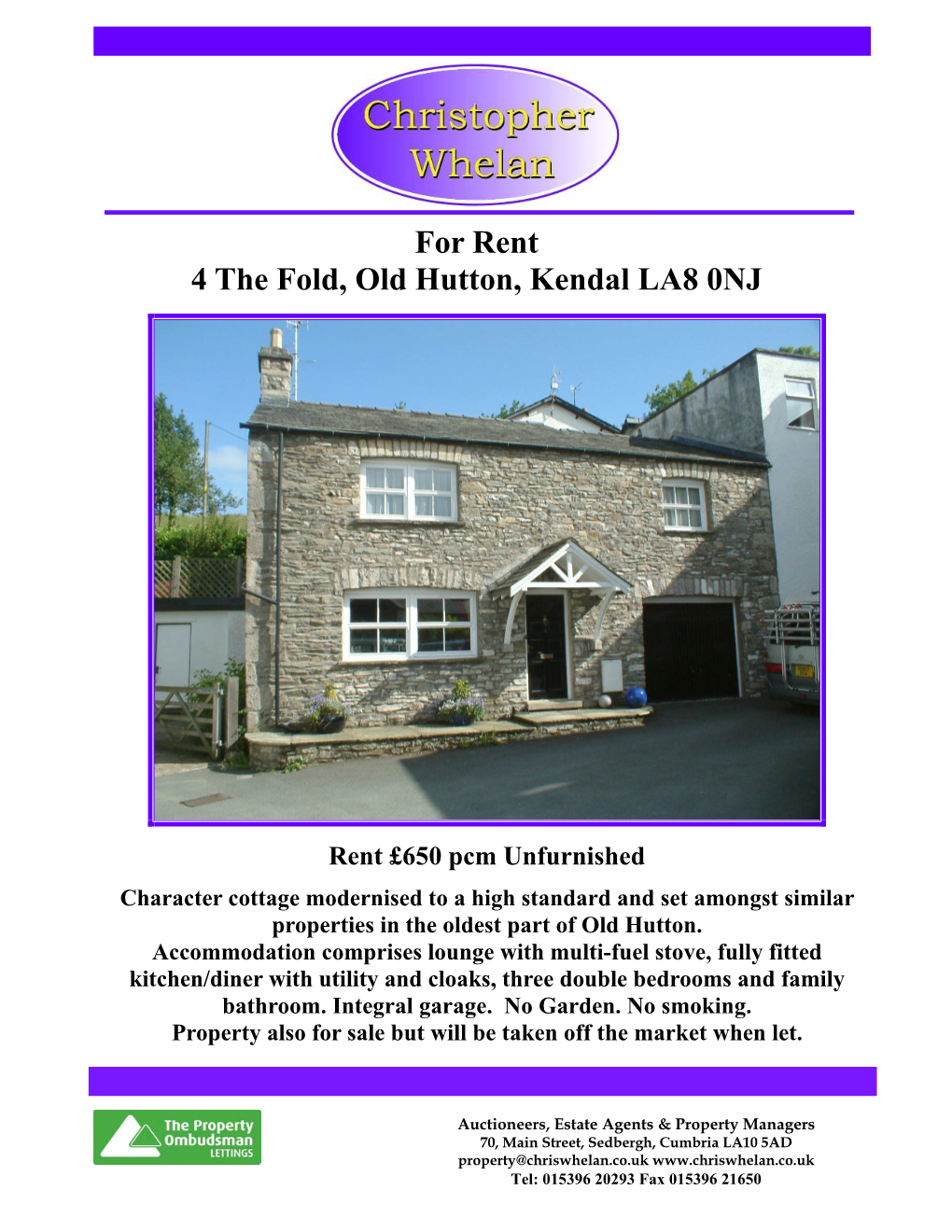 For Rent 4 the Fold, Old Hutton, Kendal LA8 0NJ