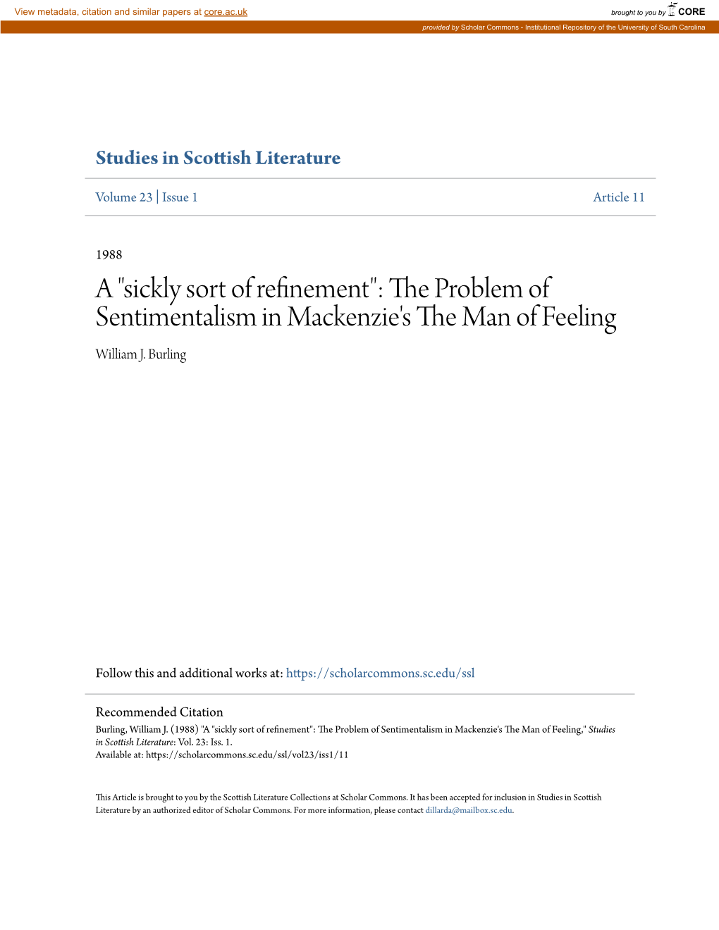 The Problem of Sentimentalism in Mackenzie's the Man of Feeling