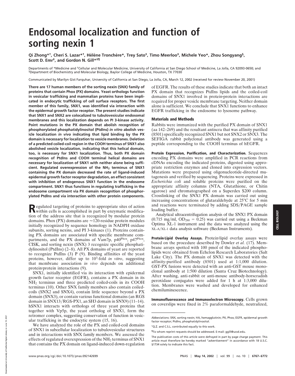 Endosomal Localization and Function of Sorting Nexin 1