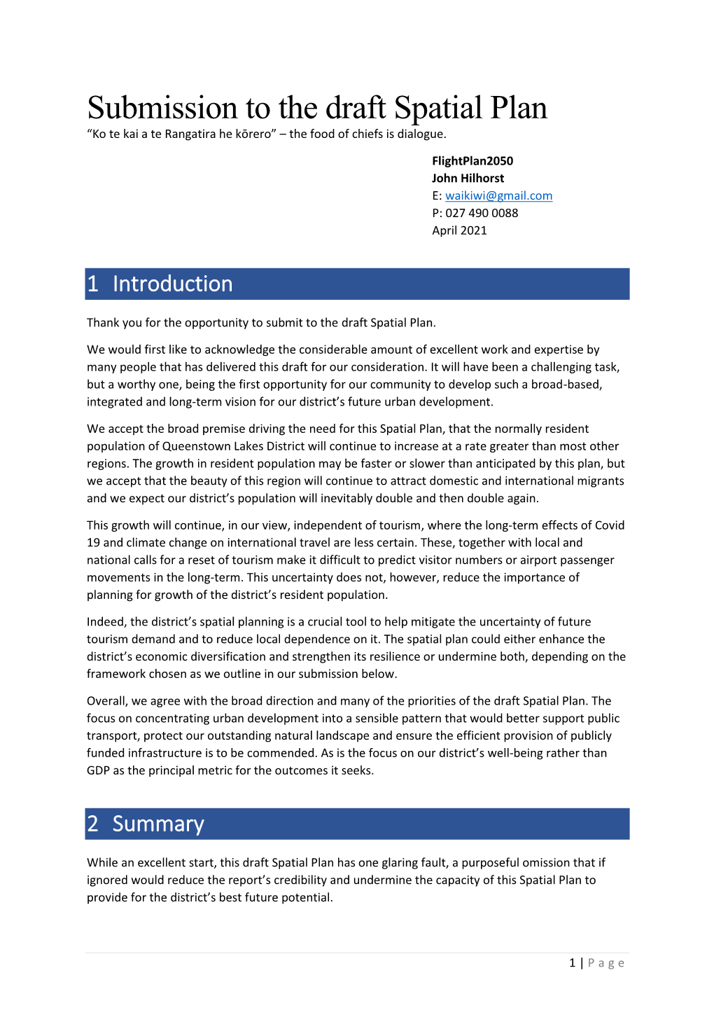 Submission to the Draft Spatial Plan “Ko Te Kai a Te Rangatira He Kōrero” – the Food of Chiefs Is Dialogue